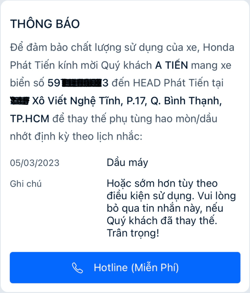 Thông báo nhắc bảo lịch dưỡng từ showroom hãng xe Thông báo nhắc bảo lịch dưỡng từ showroom hãng xe